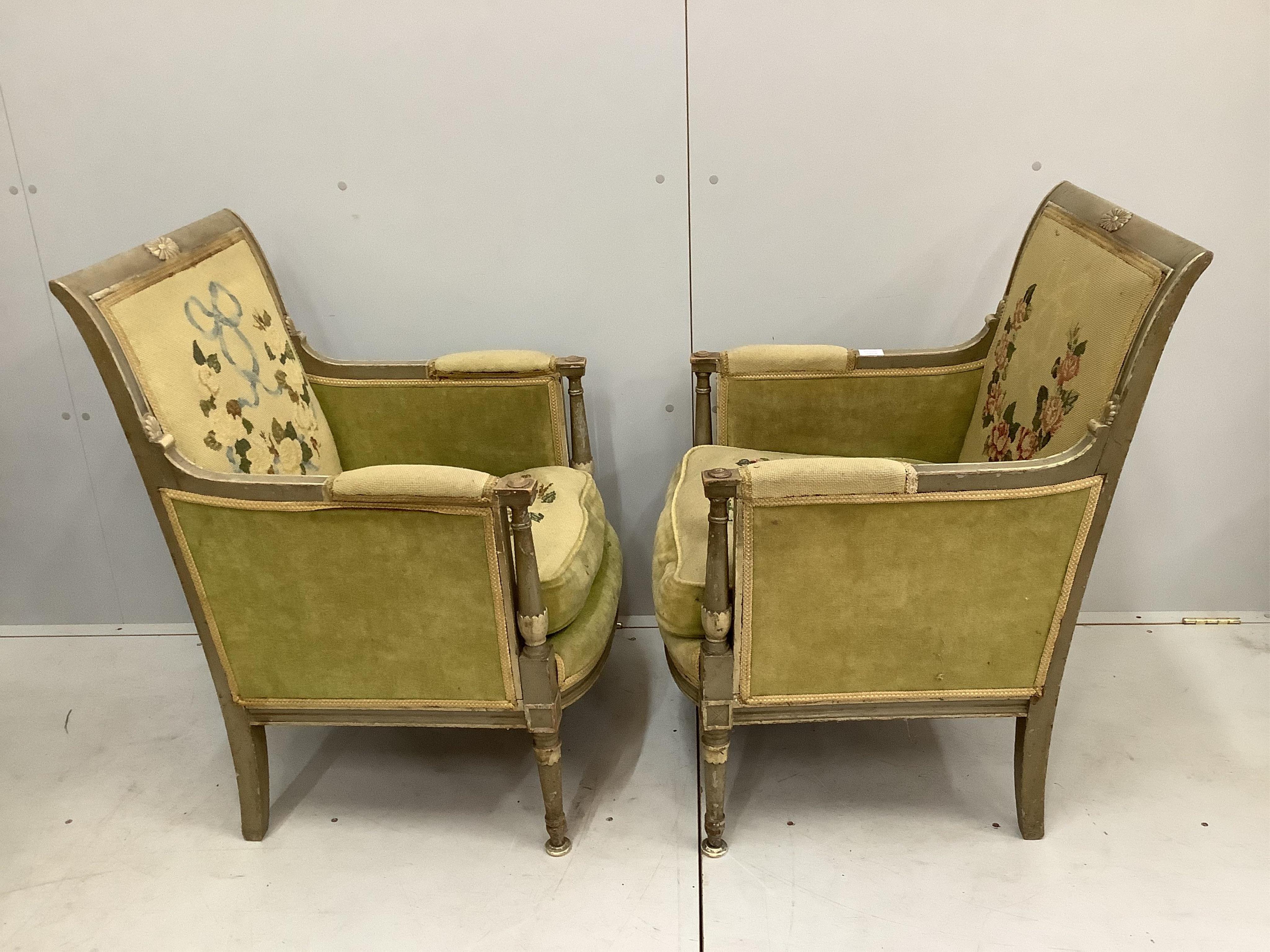 A pair of 19th century French chairs, width 60cm, depth 60cm, height 88cm. Condition - fair